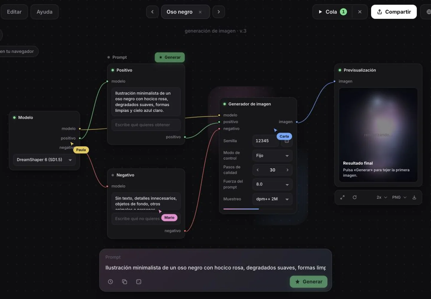 Flujo Telar con nodos de modelo, instrucciones, parámetros y previsualización de resultado