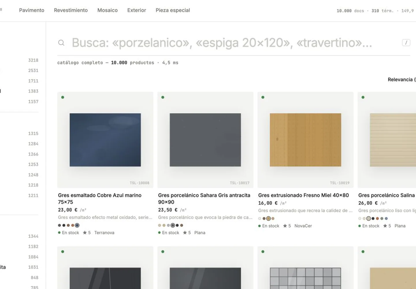 Catálogo Tesela con categorías, filtros de marca y color y cuadrícula de productos cerámicos