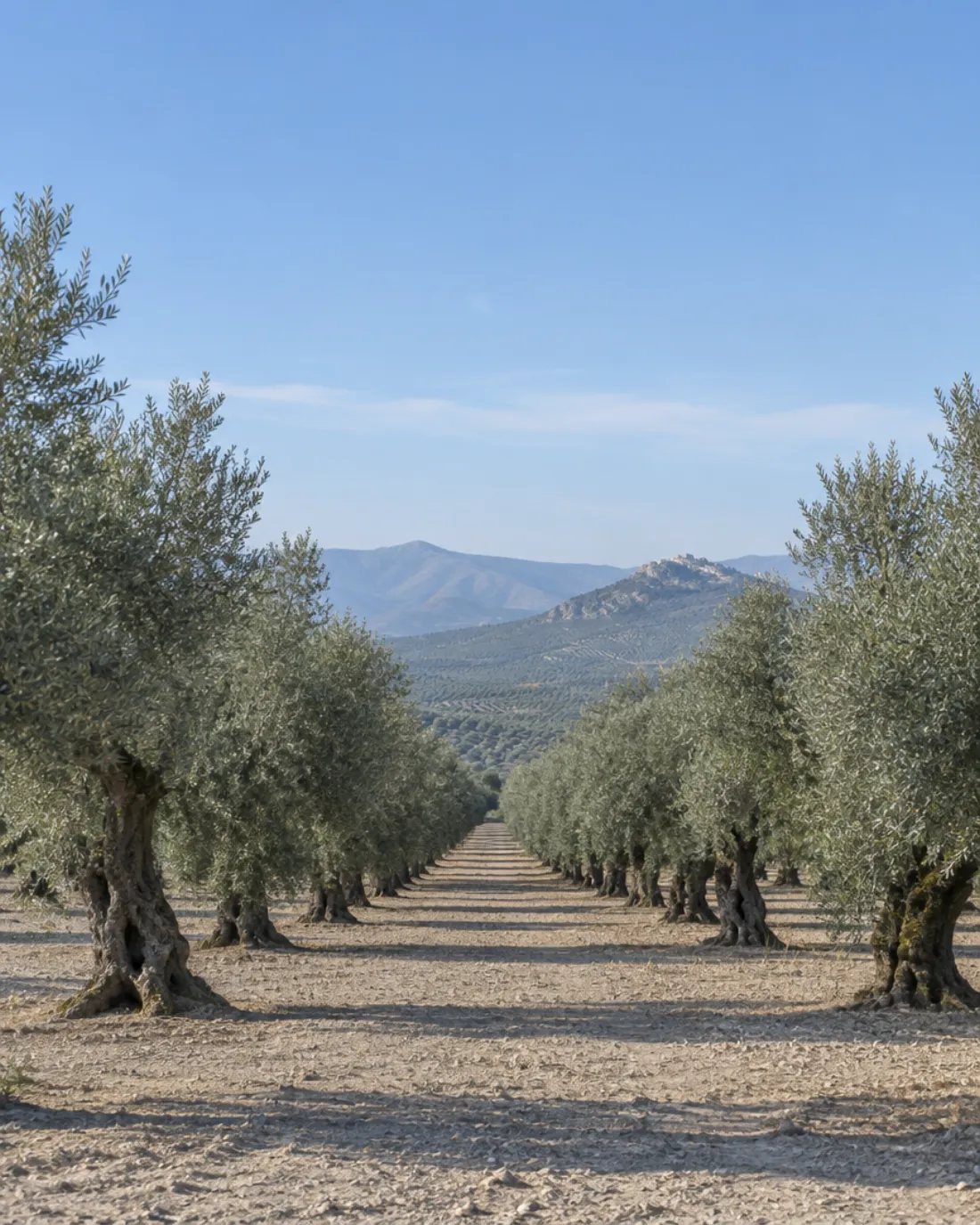 Hileras de olivos centenarios sobre tierra labrada en Jaén, con la sierra al fondo y luz de mañana.