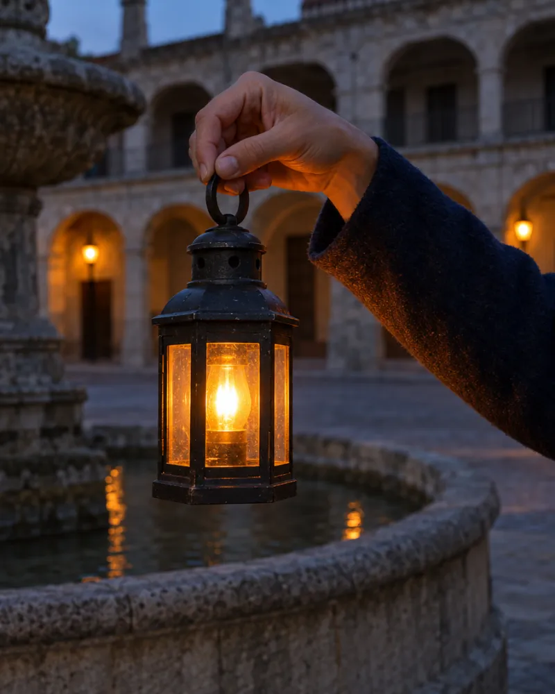 La mano de la guía sostiene el farol naranja encendido junto a la fuente de la plaza
