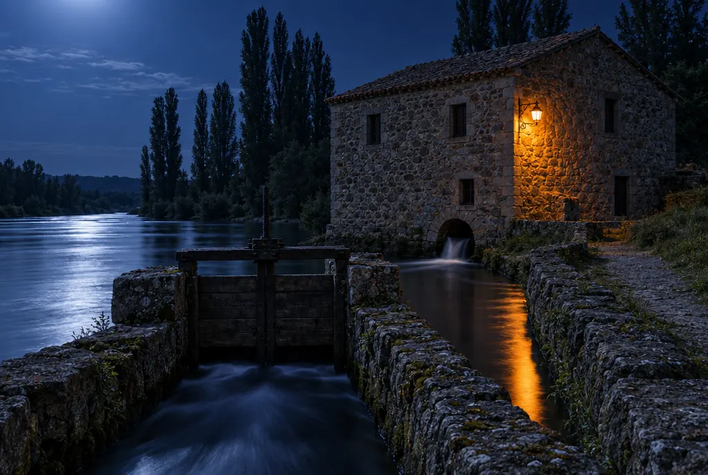 Molino de piedra junto a una acequia con compuerta de madera, iluminado por un farol y por la luna