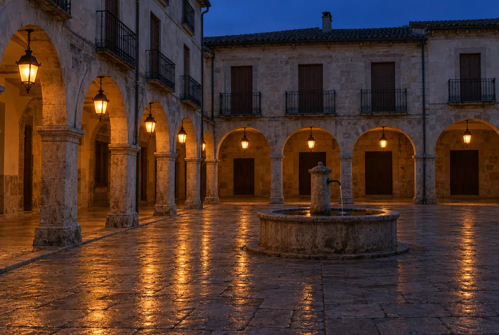 Plaza porticada con una fuente de piedra en el centro y faroles encendidos bajo los arcos, al anochecer