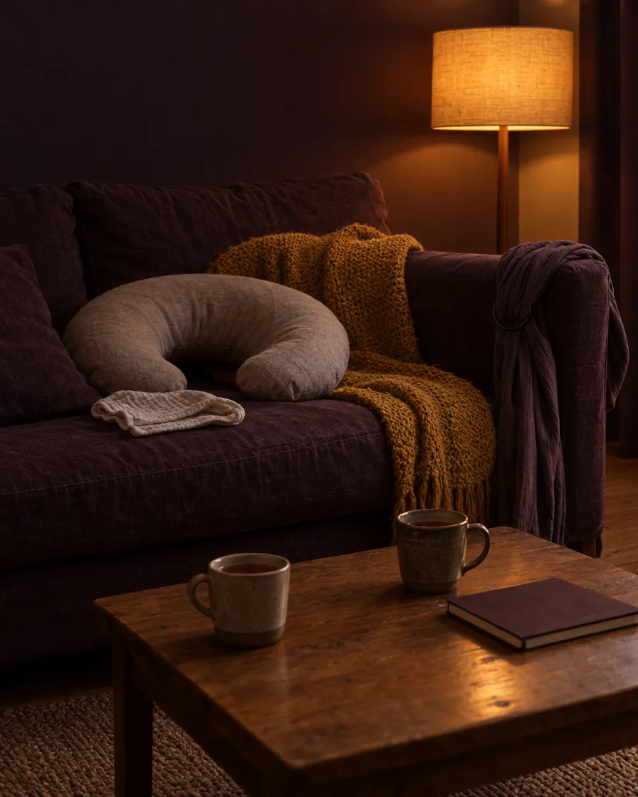 Sofá ciruela con una manta de punto mostaza, un cojín de lactancia y un fular portabebés; en la mesa baja, dos tazas de té junto a una lámpara de pie.