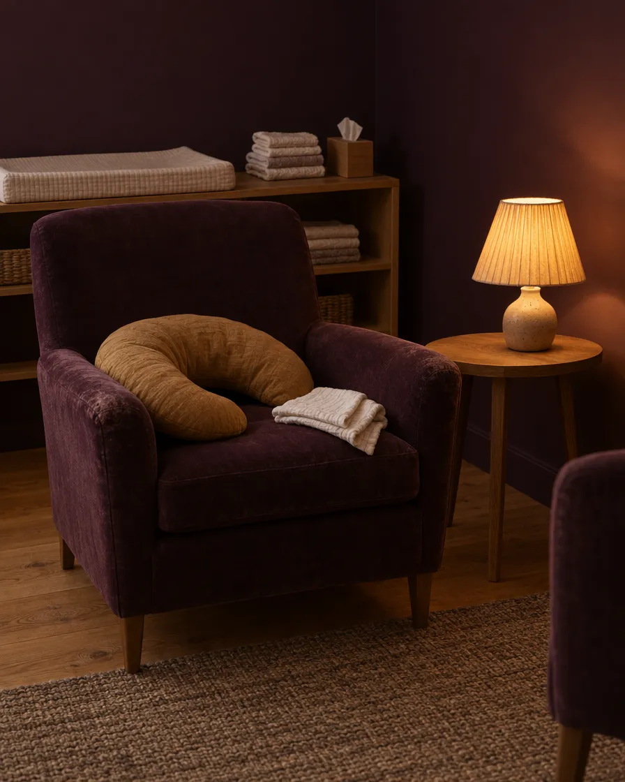 Sillón ciruela con un cojín de lactancia y una muselina junto a una lámpara encendida; al fondo, una estantería con cambiador y toallas.