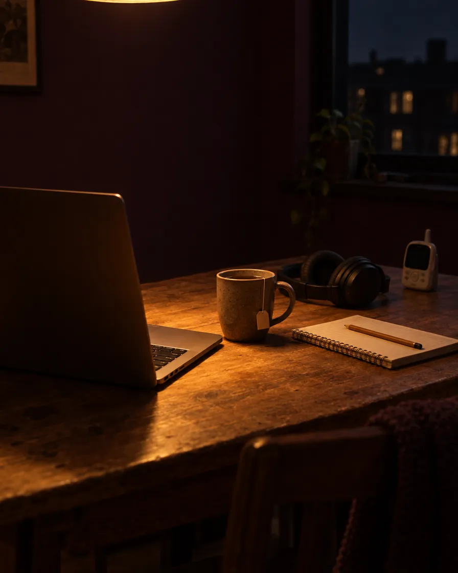 Mesa de cocina de noche con un portátil, una taza de té, unos auriculares, un cuaderno y un vigilabebés apagado bajo una luz cálida.
