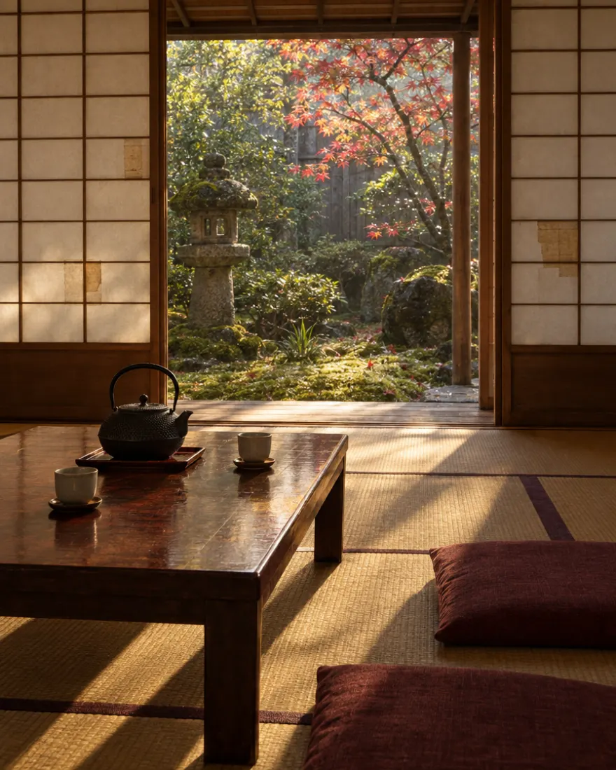 Habitación de tatami con una mesa baja y una tetera de hierro, abierta a un jardín de musgo