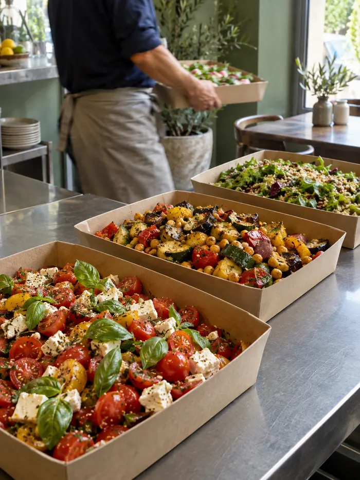 Bandejas de ensaladas y verduras preparadas para una mesa compartida