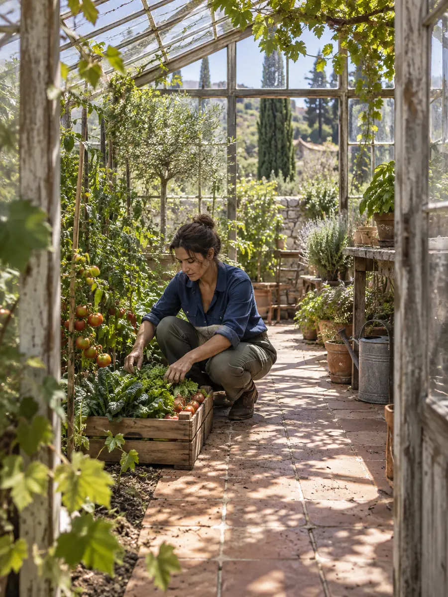 Productora recogiendo verduras en un invernadero mediterráneo