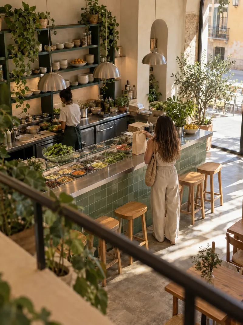 Un rincón de Brote con barra verde, taburetes de madera y luz natural
