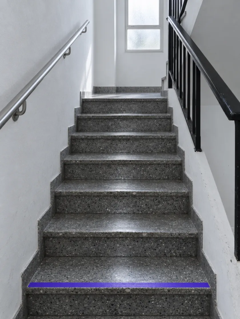 Escalera de terrazo de un portal con pasamanos a ambos lados y una banda violeta antideslizante en el primer escalón