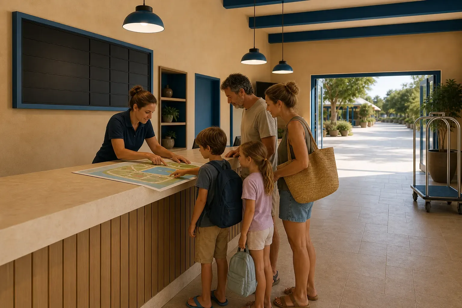 Recepción de sábado: cuatro puestos, cita de llegada y un mapa por familia.
