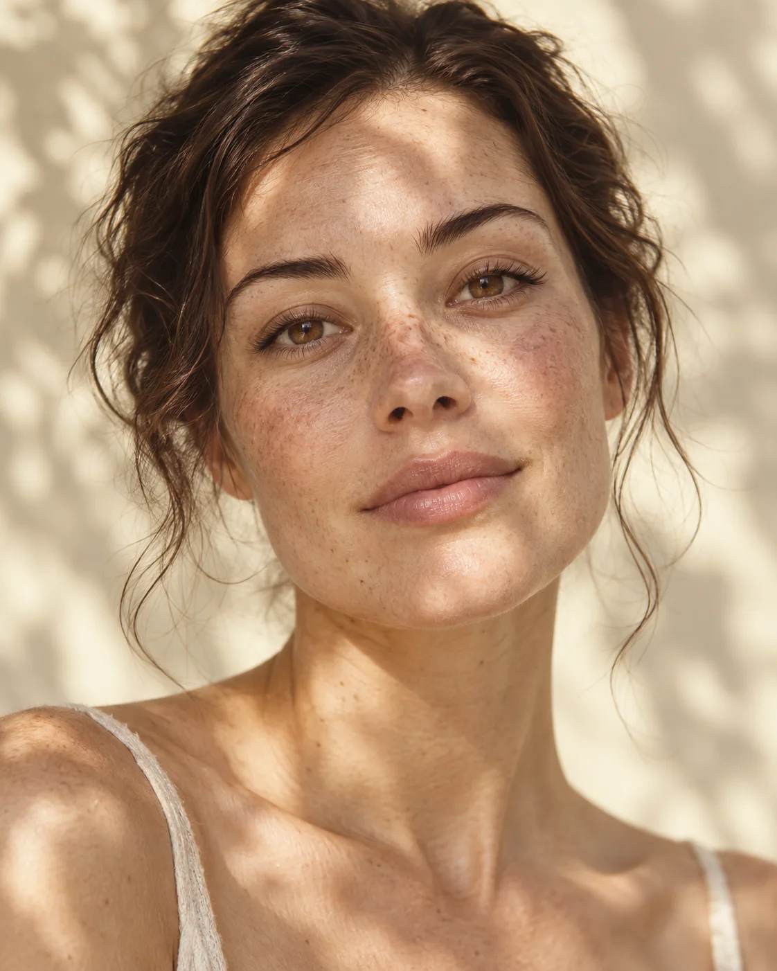 Retrato de una mujer con pecas y luz natural sobre la piel