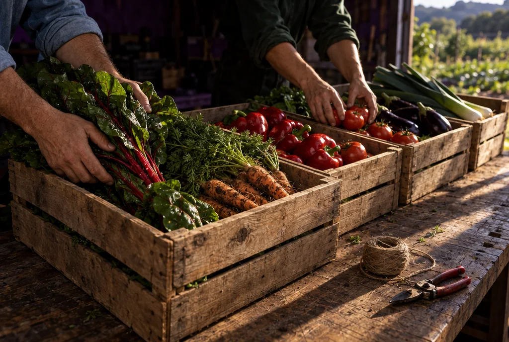 Dos pares de manos llenan cajas de madera con acelgas, zanahorias con tierra, pimientos, tomates y berenjenas sobre una mesa de trabajo, con luz baja de tarde.