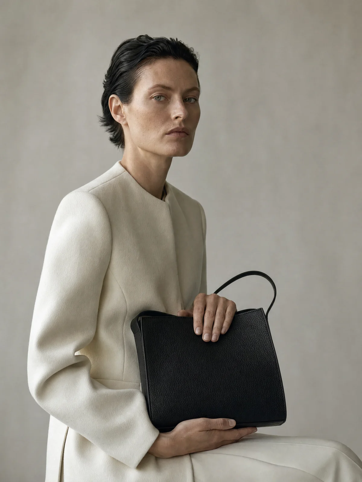 Modelo con chaqueta marfil y bolso de piel negra ALVA