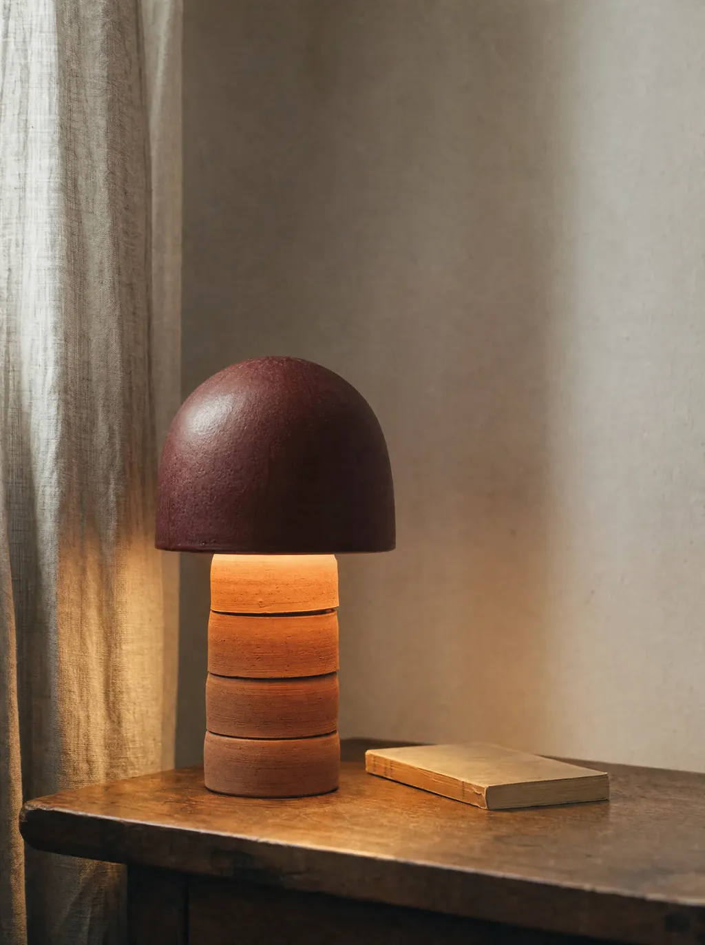 Lámpara de cerámica rojiza sobre una mesa de madera