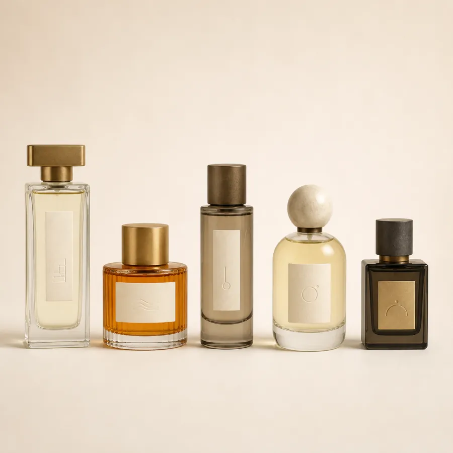 Cinco perfumes de autor en vidrio claro, ámbar y ahumado