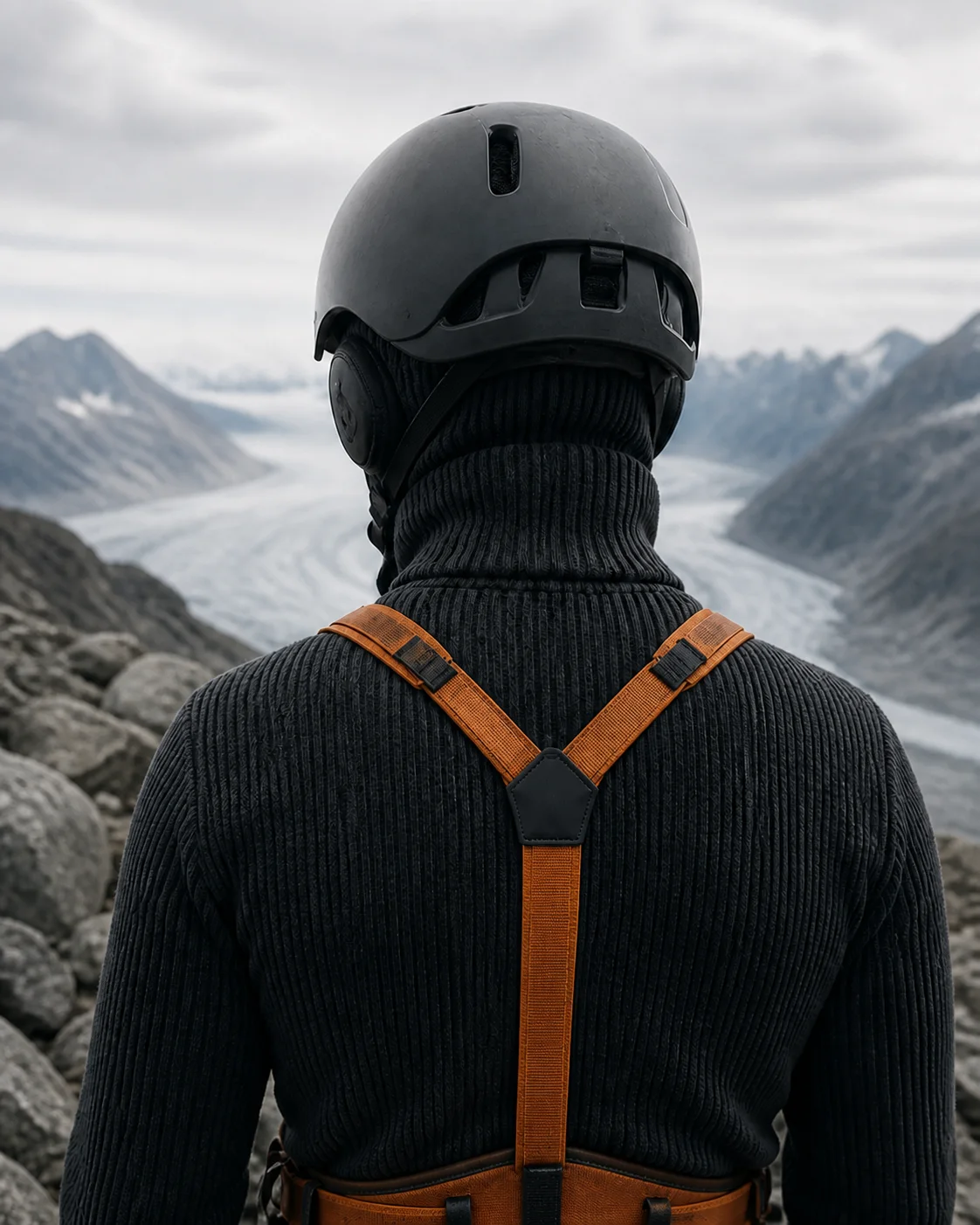 Alpinista de espaldas ante un glaciar