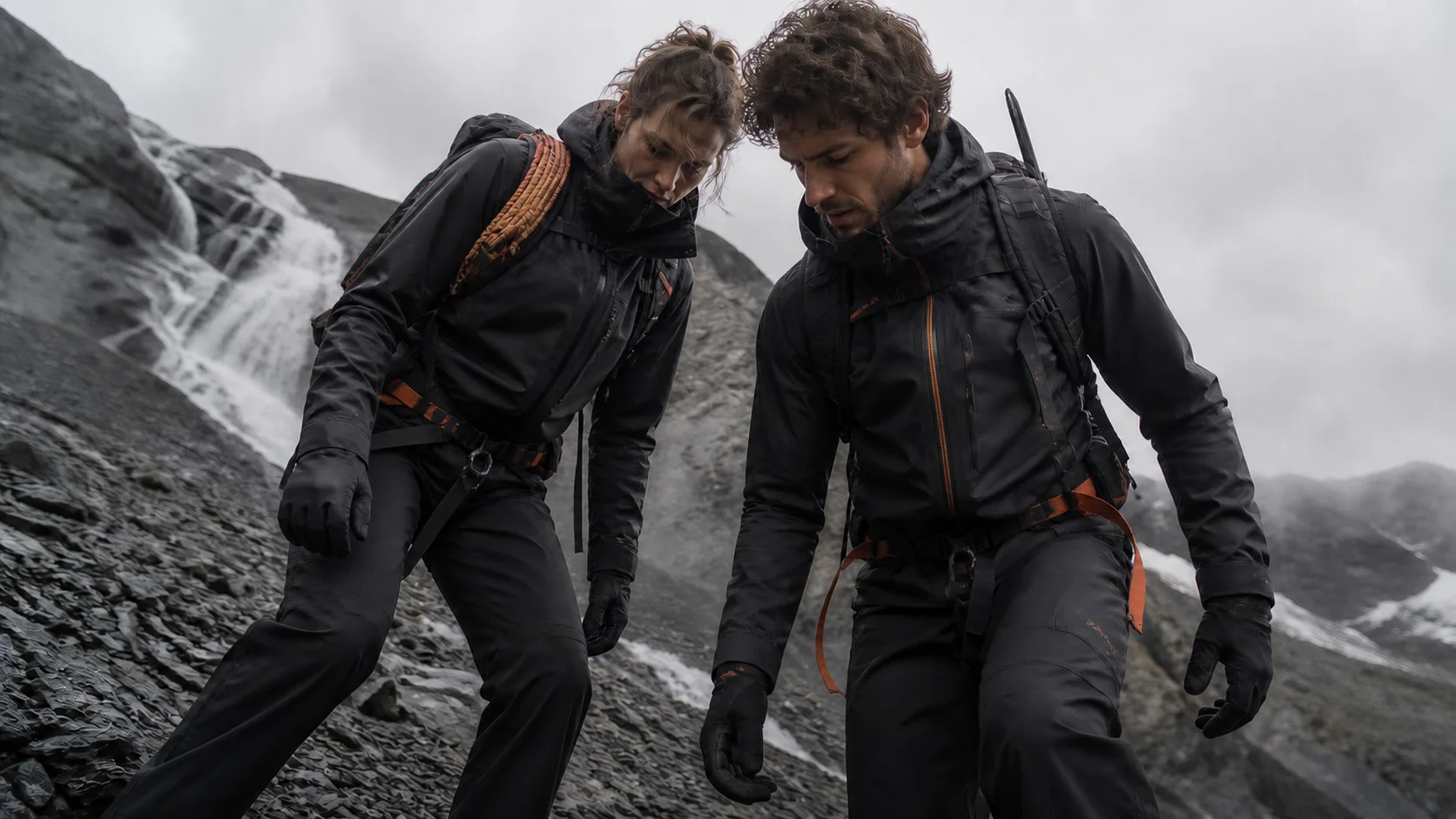 Dos alpinistas avanzan junto a una cascada glaciar