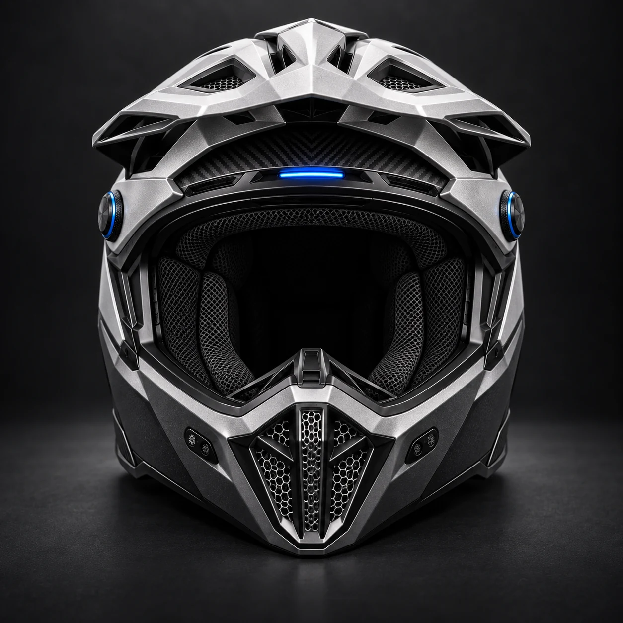 Vista frontal del Casco Voz con ventilación y luz de estado azul