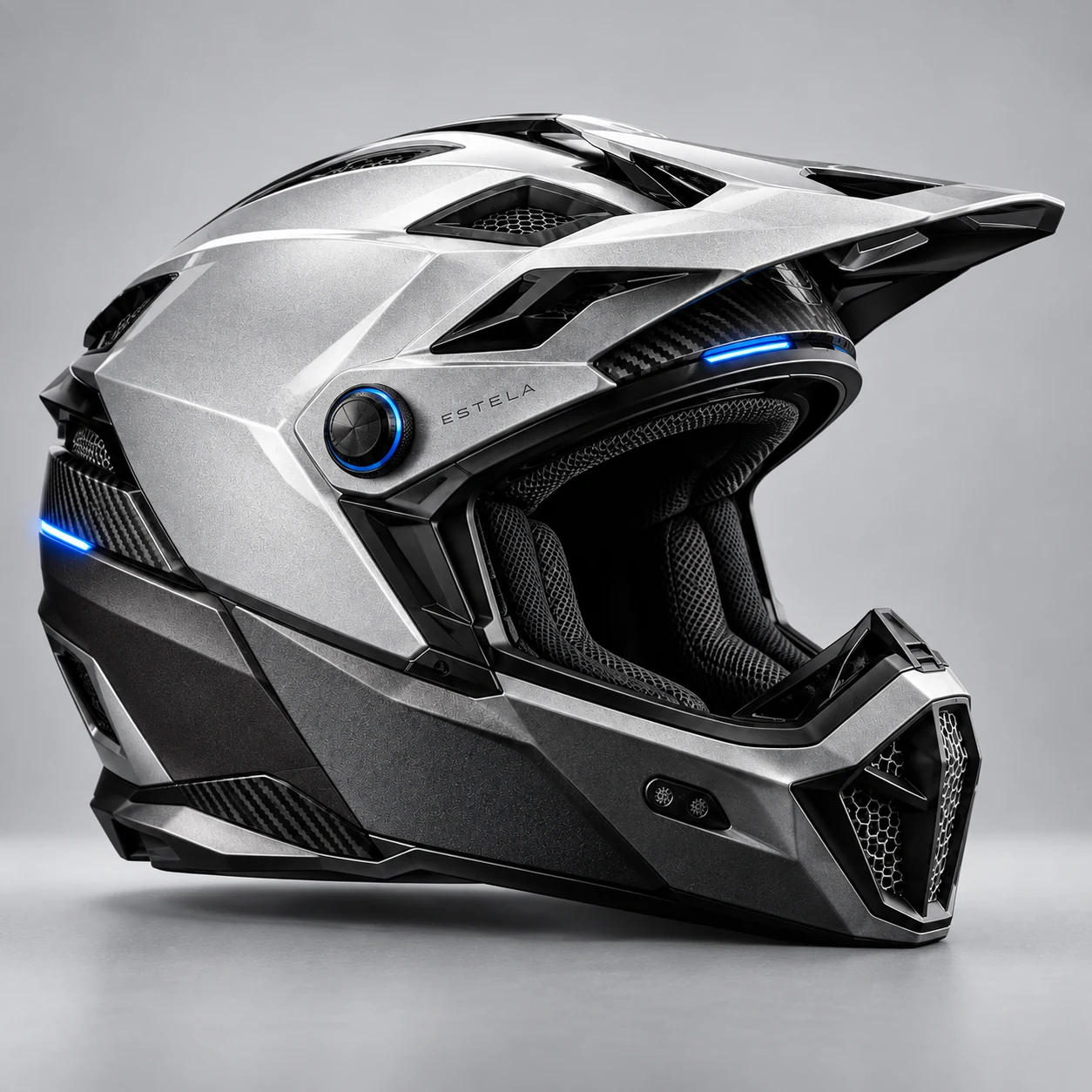 Casco Voz en plata y grafito, con visera de cross y control lateral