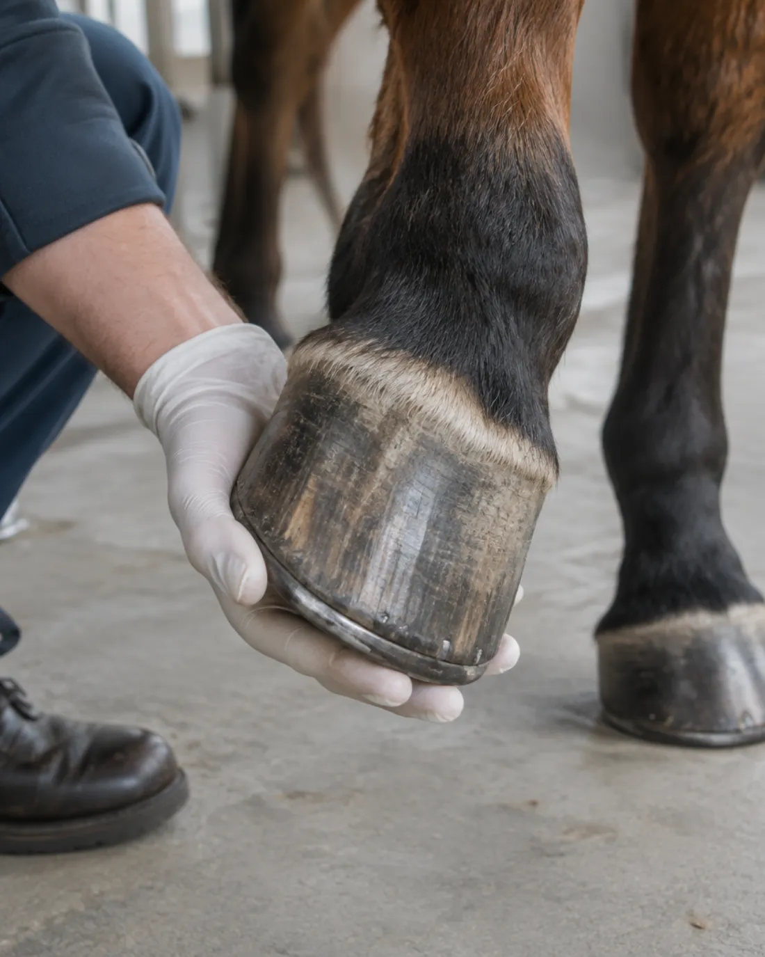 Una mano con guante de nitrilo sujeta el casco de un caballo castaño sobre el suelo de hormigón de la cuadra
