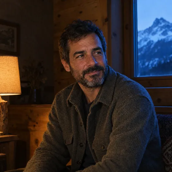Retrato de Javier Mena en el refugio de madera, con montañas nevadas en la ventana