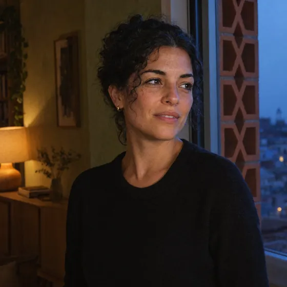 Retrato de Lucía Ferrer junto a la ventana de su piso, con la celosía de ladrillo detrás