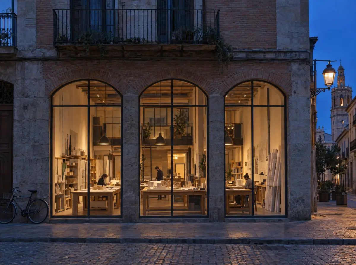 El estudio Fanal a la hora azul: taller de doble altura con maquetas y mesas de roble tras tres arcos de vidrio