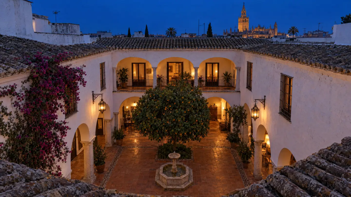 Patio encalado de una casa sevillana con naranjo, fuente y faroles encendidos visto desde la azotea