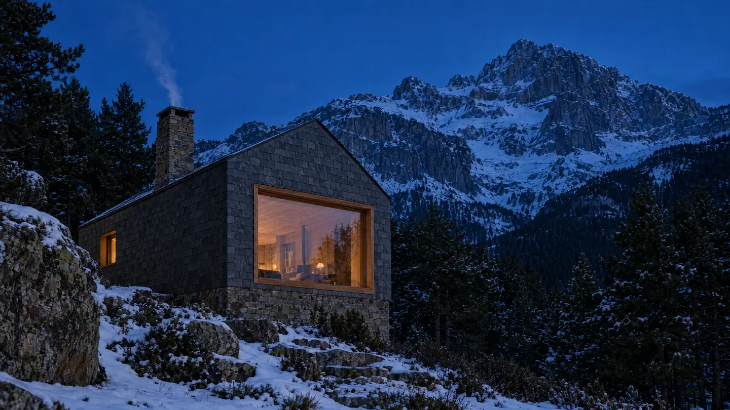 Refugio de pizarra con un gran ventanal encendido, nieve y montañas al fondo a la hora azul