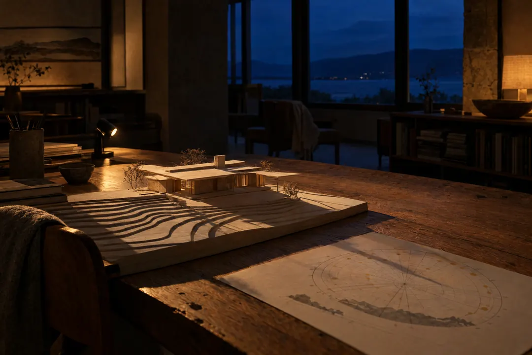 Maqueta de cartón y balsa iluminada por un foco bajo que simula el sol del atardecer