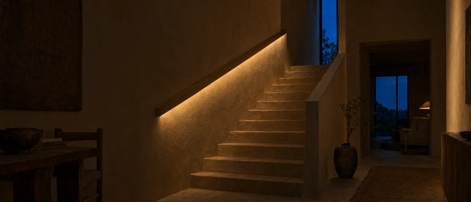 Escalera de estuco iluminada por una línea de luz cálida oculta en el pasamanos