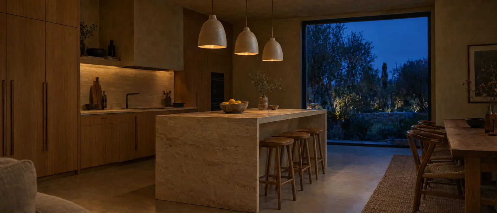 Cocina de roble con isla de travertino y tres lámparas encendidas por la noche