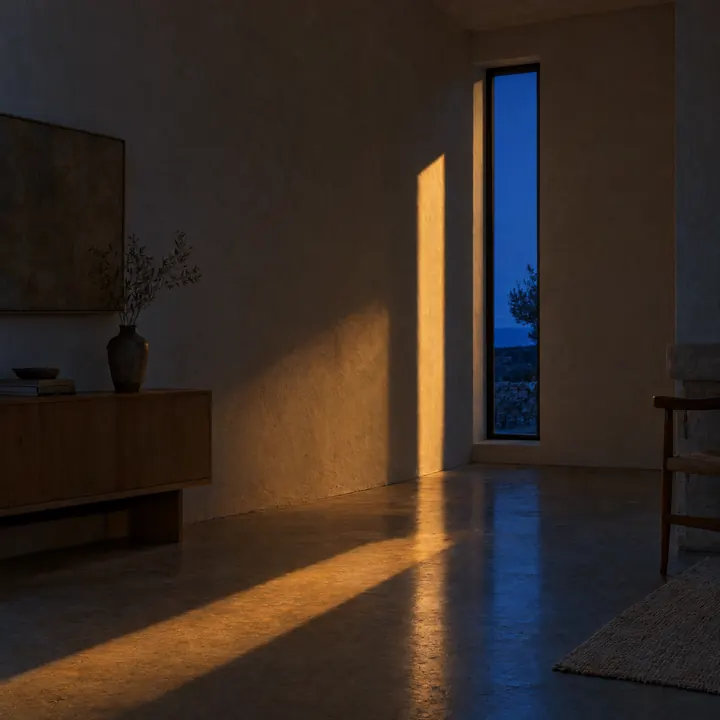 Haz de sol de poniente cruzando una habitación de cal y hormigón