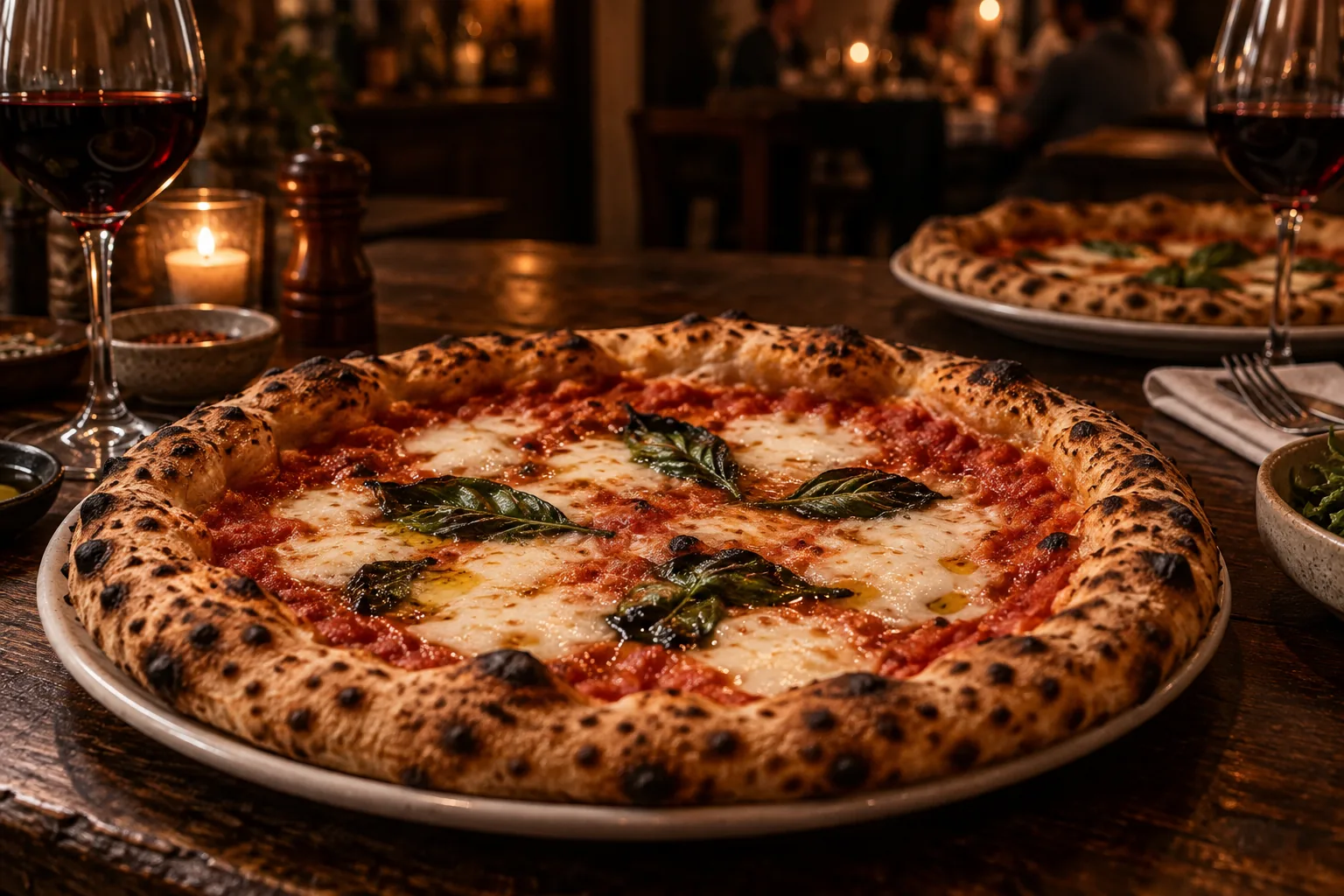 Detalle de pizza margherita con albahaca