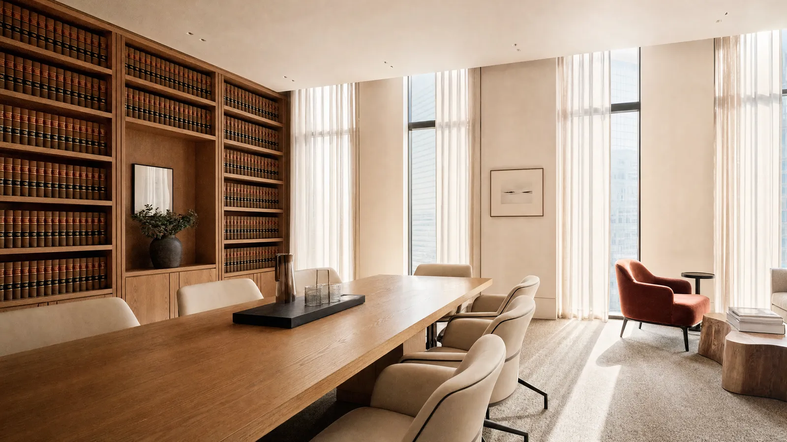 Sala de lectura de la biblioteca del despacho, con estanterías de madera y luz de tarde