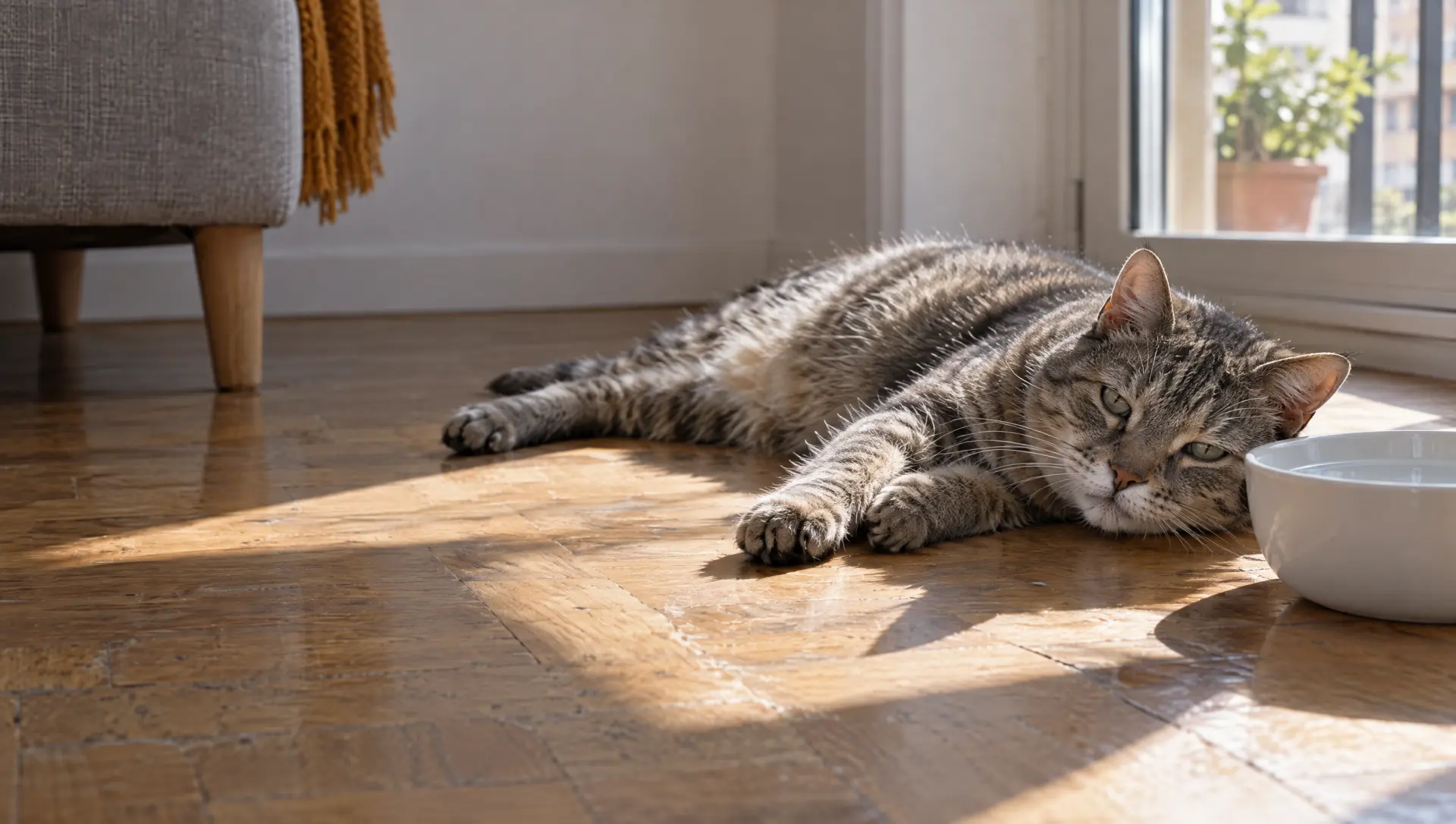 Gata atigrada mayor tumbada al sol en el suelo de casa, junto a su cuenco de agua.