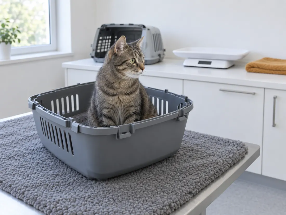 Gato atigrado sentado tranquilo dentro de la mitad inferior de su transportín, sobre la mesa de consulta.