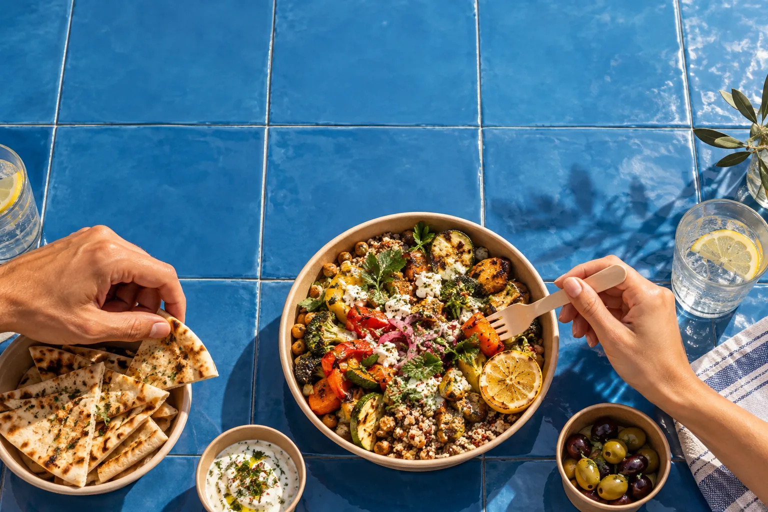 Bol de verduras frescas sobre azulejos azules
