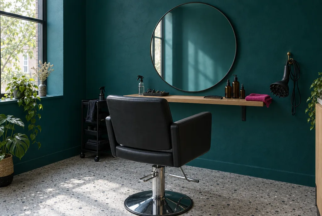 Puesto del salón: pared teal, espejo redondo, sillón negro y un secador con difusor colgado junto a la ventana