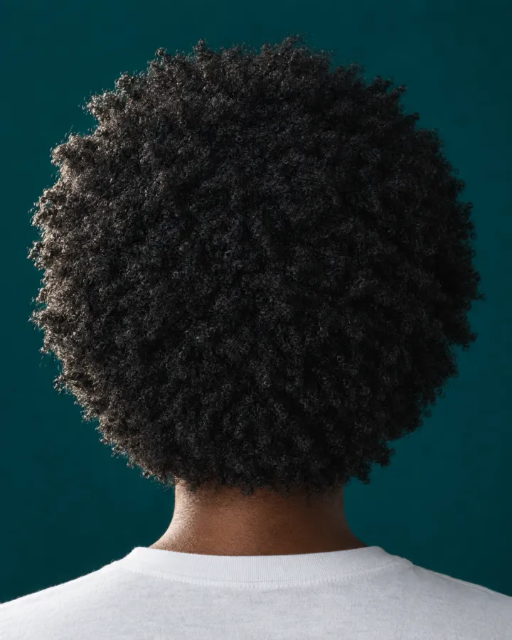 Pelo afro de rizo muy cerrado con forma redondeada, vista de espaldas
