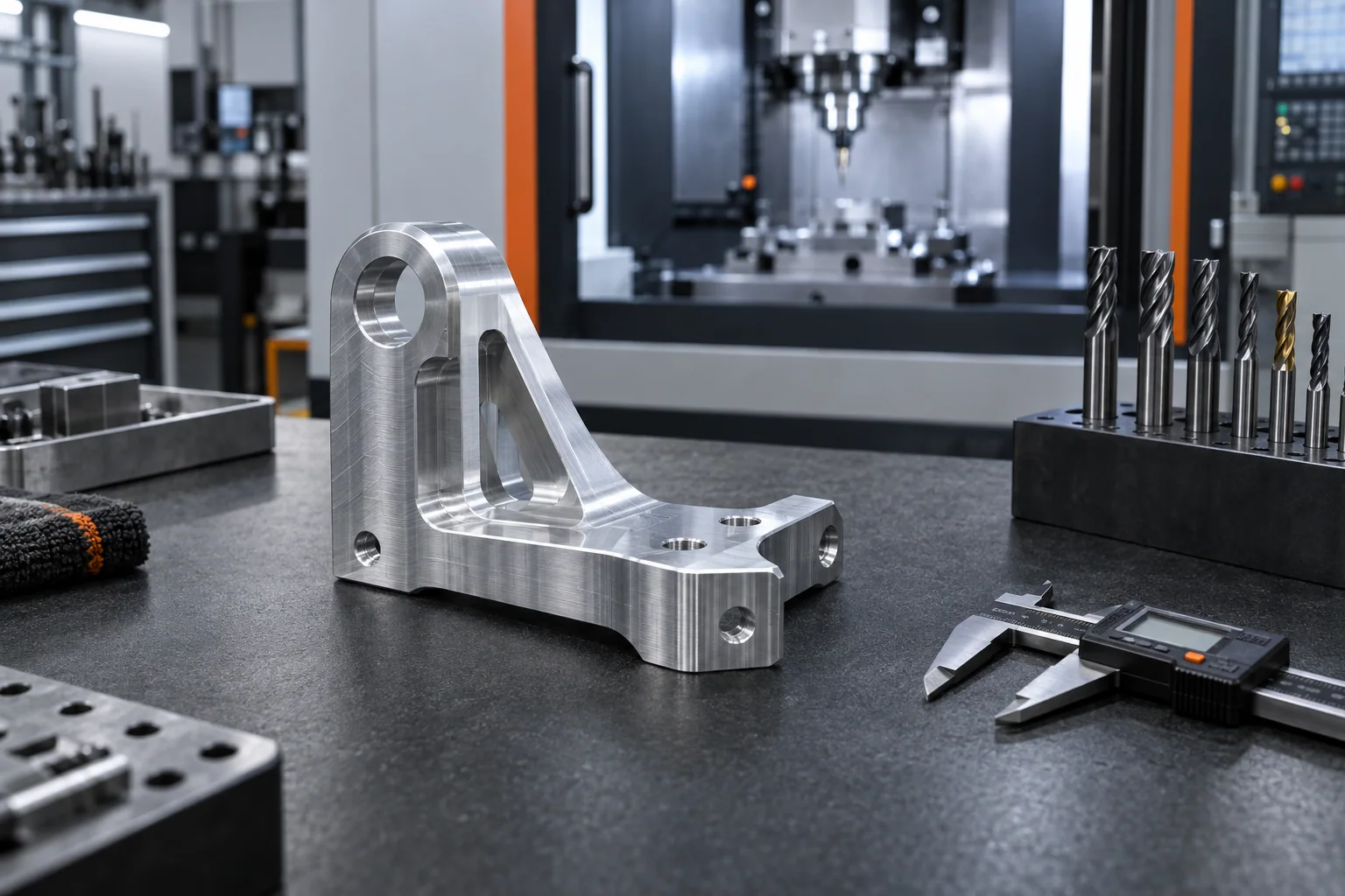 Escuadra de aluminio recién mecanizada sobre el mármol de control, con el centro de mecanizado al fondo