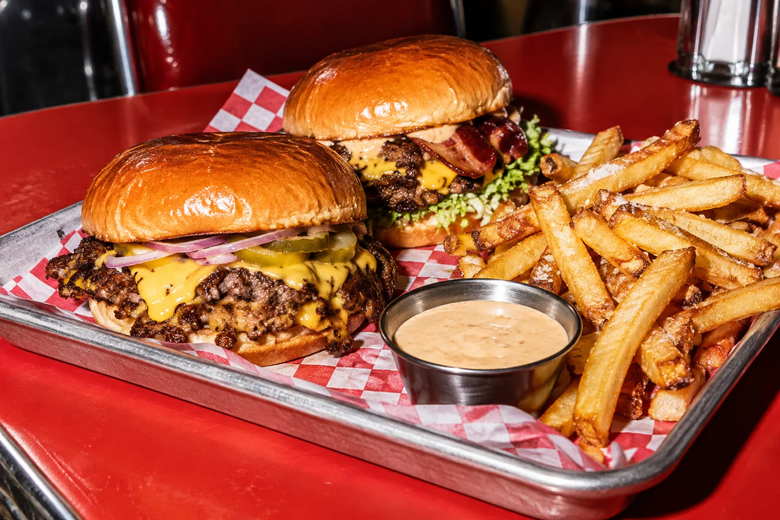 Hamburguesas y patatas fritas para compartir