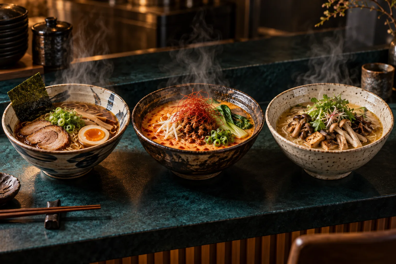 Tres tipos de ramen alineados en la barra