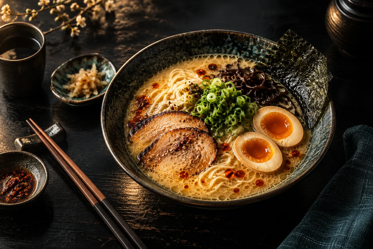 Bol de ramen con huevo, fideos y verduras