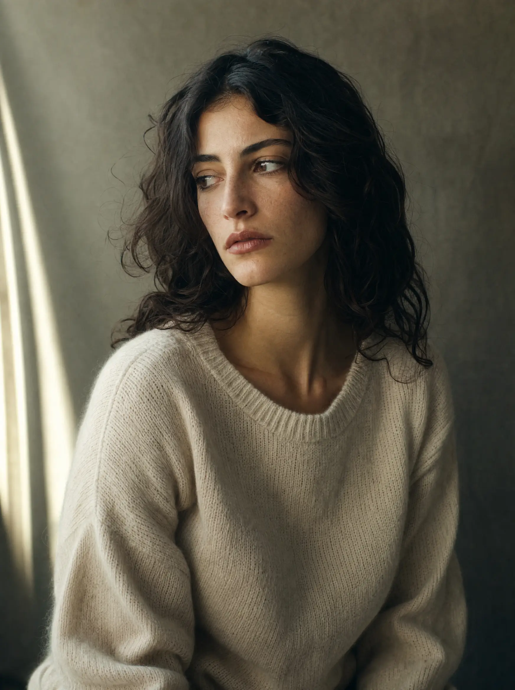 Retrato de estudio con luz de ventana sobre fondo oliva