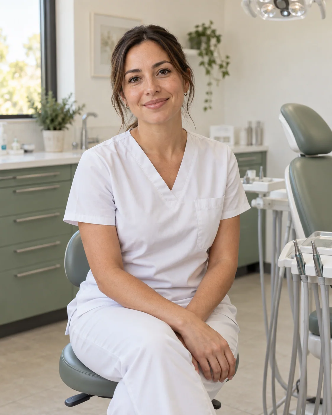 Dentista con uniforme blanco sentada en una consulta tranquila de tonos salvia