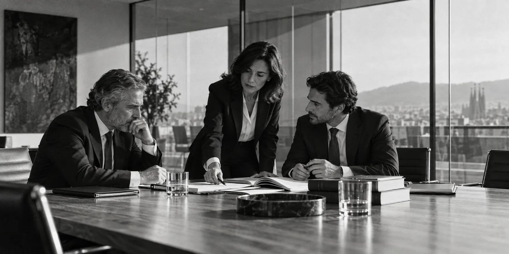 Tres abogados de empresa revisan documentación en una sala de reuniones contemporánea