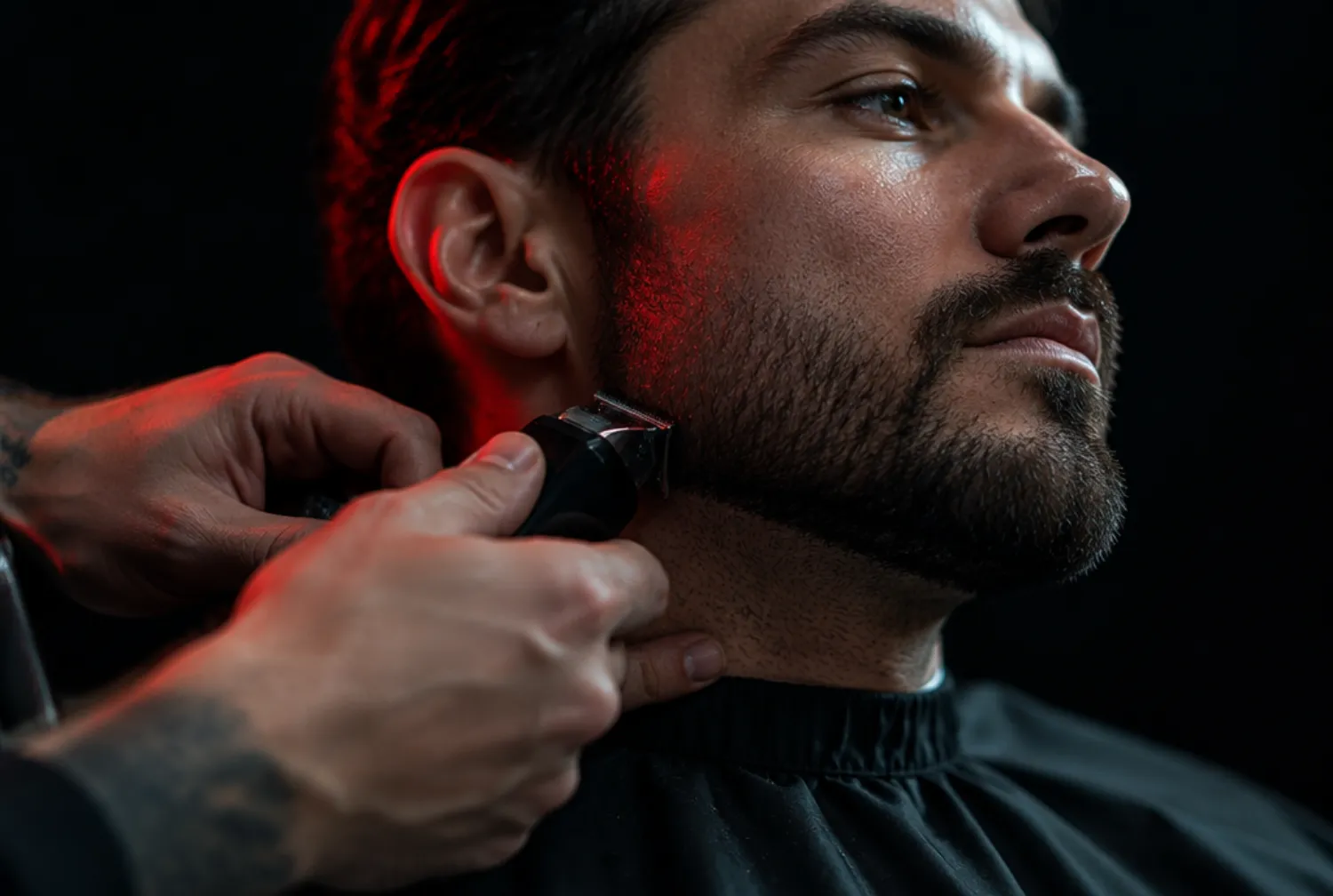 Un barbero recorta el contorno de una barba corta con una máquina pequeña, bajo una luz roja lateral