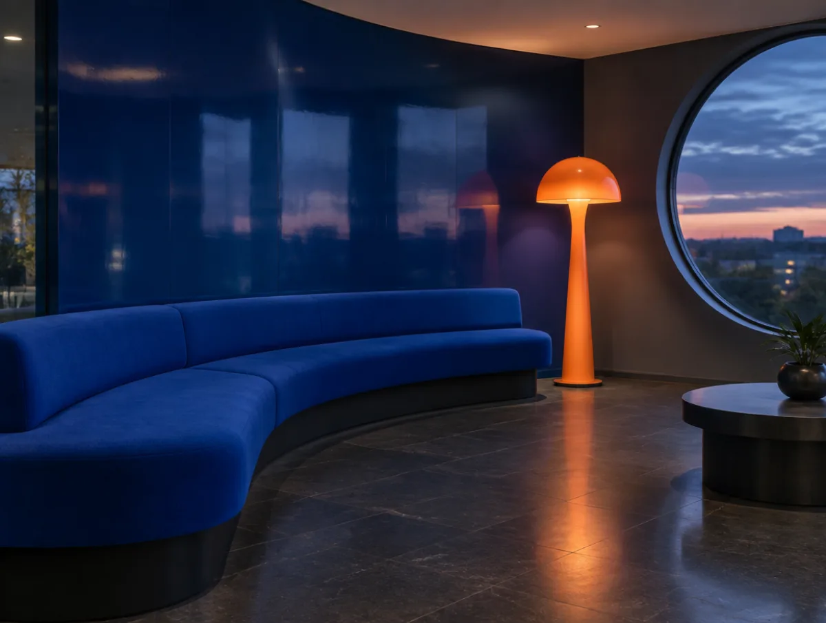 Sala de espera con un banco curvo azul cobalto, una lámpara naranja y una ventana circular al atardecer